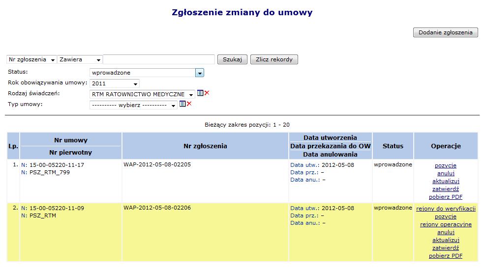 Rys. 9.19 Zgłoszenia zmian do umowy z zakresu RTM W nowo otwartym oknie pojawia się rejony operacyjne, których części składowe (personel medyczny) wymaga weryfikacji.