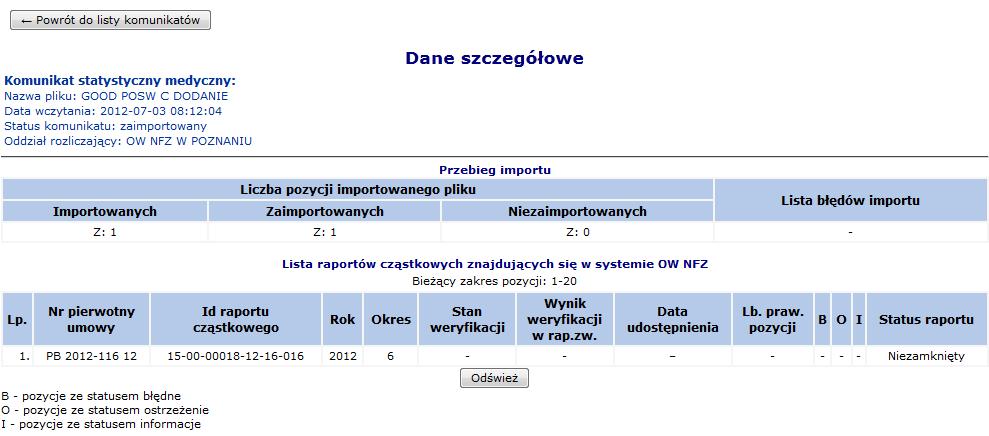 wczytany na serwer za pośrednictwem systemu OW o NFZ SZOI plik został przekazany na serwer dostępowy OW NFZ za pośrednictwem systemu SZOI Nazwę pliku nadaną przez świadczeniodawcę Id wewnętrzne pliku