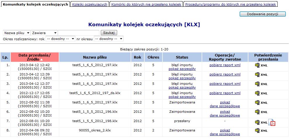 12.5 Komunikaty kolejek oczekujących W zakładce kolejek oczekujących znajdują się komunikaty przekazane do OW NFZ. Opcja Dodawanie pozycji umożliwia przekazanie nowego komunikatu XML. Rys. 12.