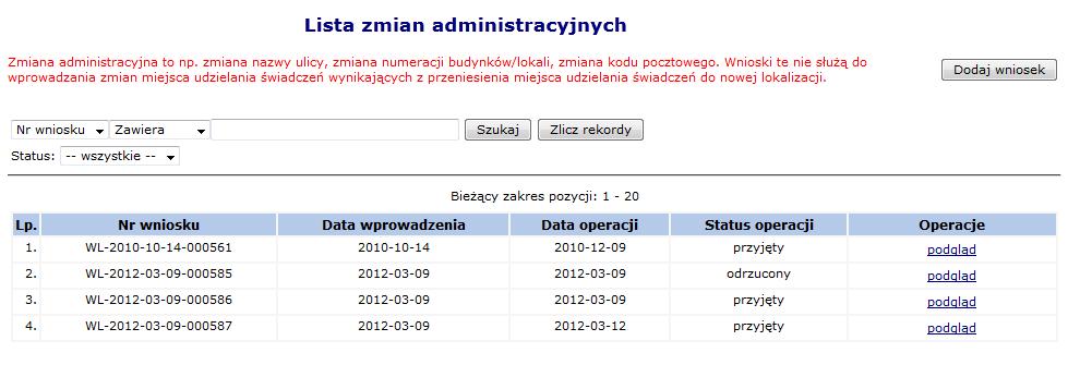 Po dodaniu wniosku otrzyma on status Wprowadzony.