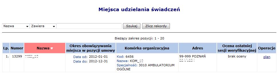 Opcja Świadczenia umożliwia przejście na listę zawierającą informacje o faktycznym wykonaniu (liczbie wykonanych świadczeń) w podziale na świadczenia w pakiecie.