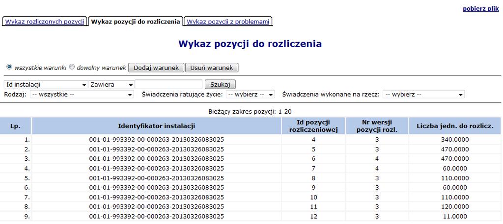 wykazu rozliczonych pozycji listy wszystkich produktów przesłanych w komunikatach statystycznych i potwierdzonych do zafakturowania w komunikatach zwrotnych do komunikatów rozliczeniowych.