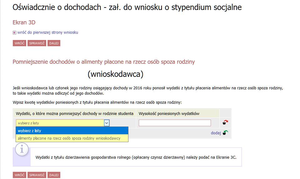 Ekran 3d (pojawia się do wypełnienia w przypadku wyboru TAK w kolumnie D ekran 2) W przypadku ponoszonych kosztów dotyczących alimentów płaconych na rzecz osób spoza rodziny lub zapłacony