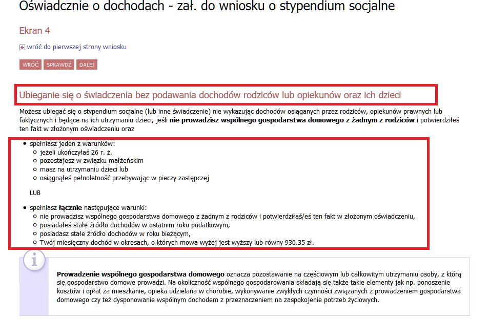 Ekran 4 Ekran pojawi się tylko wówczas, gdy wnioskodawca ubiega się o stypendium socjalne bez wykazywania rodziców, opiekunów