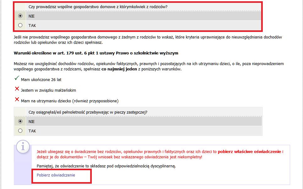 Na ekranie system sprawdza czy zostały spełnione warunki do ubiegania się o stypendium socjalne jako osoba samodzielna