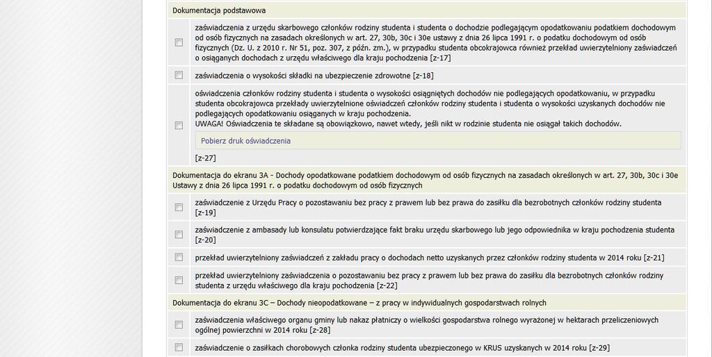 Tabela podzielona jest na sekcje odnoszące się do poszczególnych ekranów