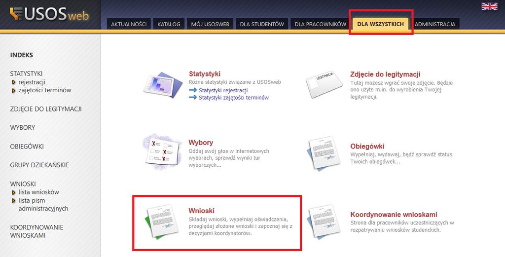 Po zalogowaniu się do uczelnianego systemu USOS-web należy wybrać zakładkę DLA WSZYSTKICH W pierwszej kolejności