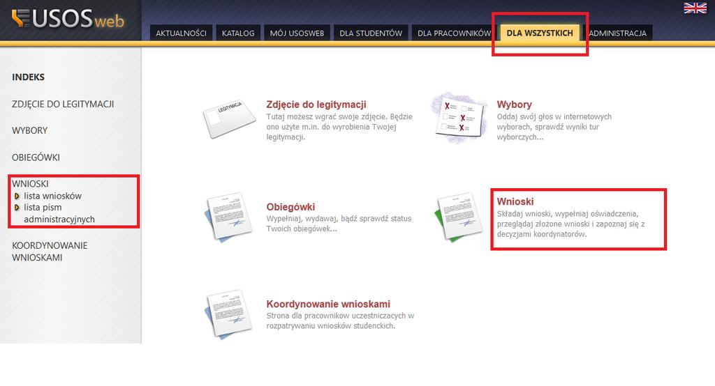 Wybierz z menu zakładkę WNIOSKI Po wejściu w zakładkę wyświetlone będą wszystkie wnioski jakie będziesz mógł złożyć wraz z