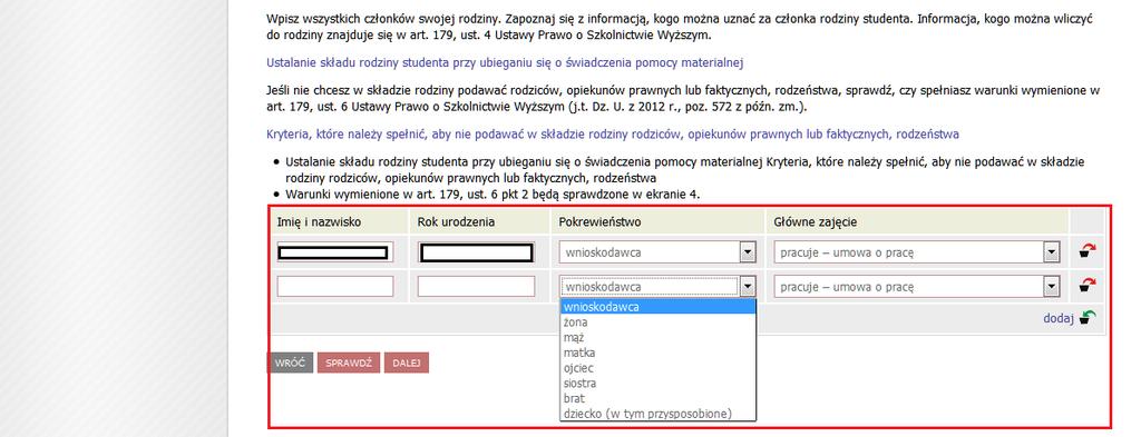 Na dole strony znajduje się tabela, w której należy podać wszystkich członków rodziny, których uwzględnisz w