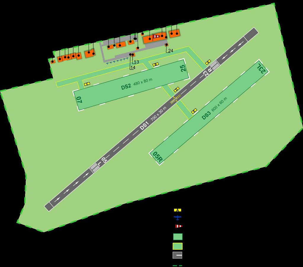 Plan lotniska 1 Port lotniczy część A 11 Pompownia MPS 22 Hangar 2 Port lotniczy część B 13 Ogródek METEO 23