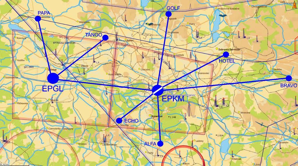 Trasy dolotowe i odlotowe 3.4.1. Wszystkie doloty i odloty z lotniska należy wykonywać przez wyznaczone punkty VFR: WSPÓŁRZĘDNE GEOGRAFICZNE OPIS POŁOŻENIA BRAVO 50 15'50.3"N 19 27'35.