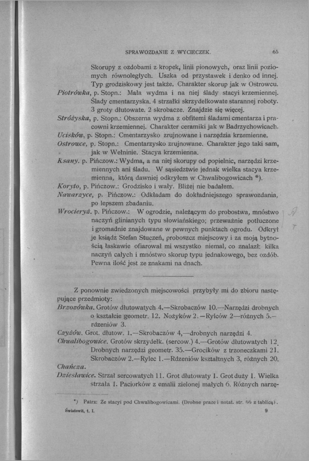 SPRAWOZDANIE Z WYCIECZEK. 65 Skorupy z ozdobami z kropek, linii pionowych, oraz linii poziomych równoległych. Uszka od przystawek i denko od innej. Typ grodziskowy jest także.