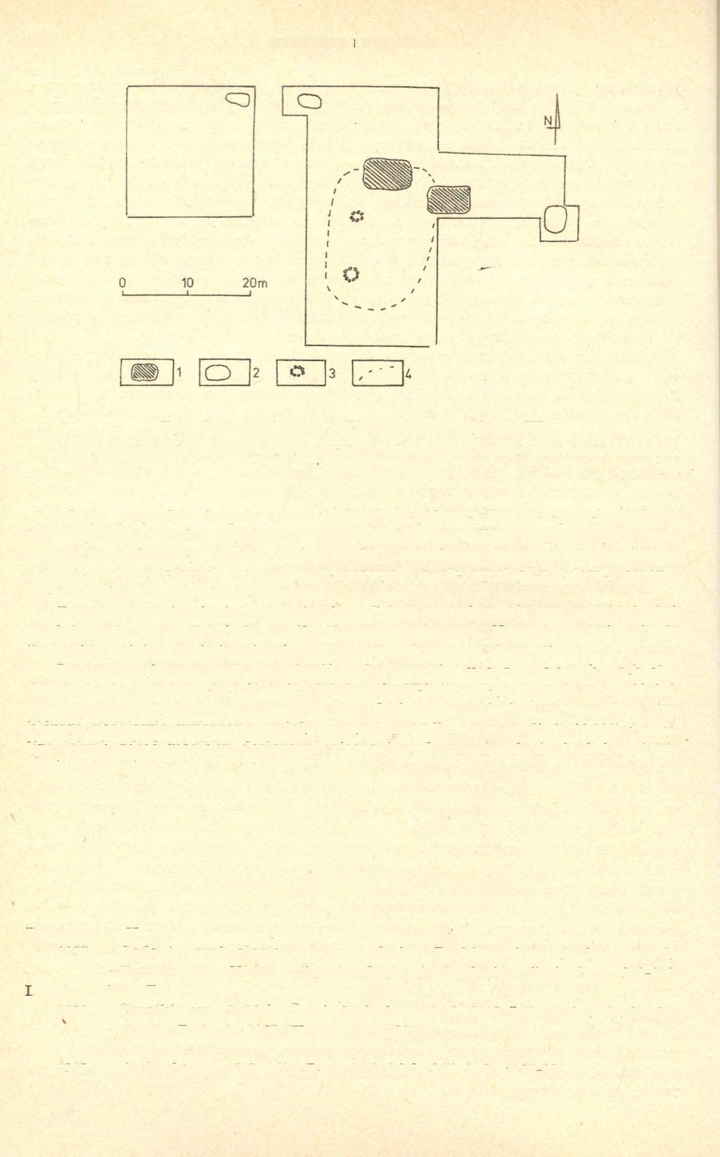 190 DYSKUSJE I POLEMIKI Ryc. 7. Żerniki stan. 1. Plan zbiorczy wykopu IV 1. Obiekty mieszkalne. 2. Obiekty gospodarcze. 3. Palenisko. 4. Zasięg płata warstwy kulturowej w rodzaju zagrody".