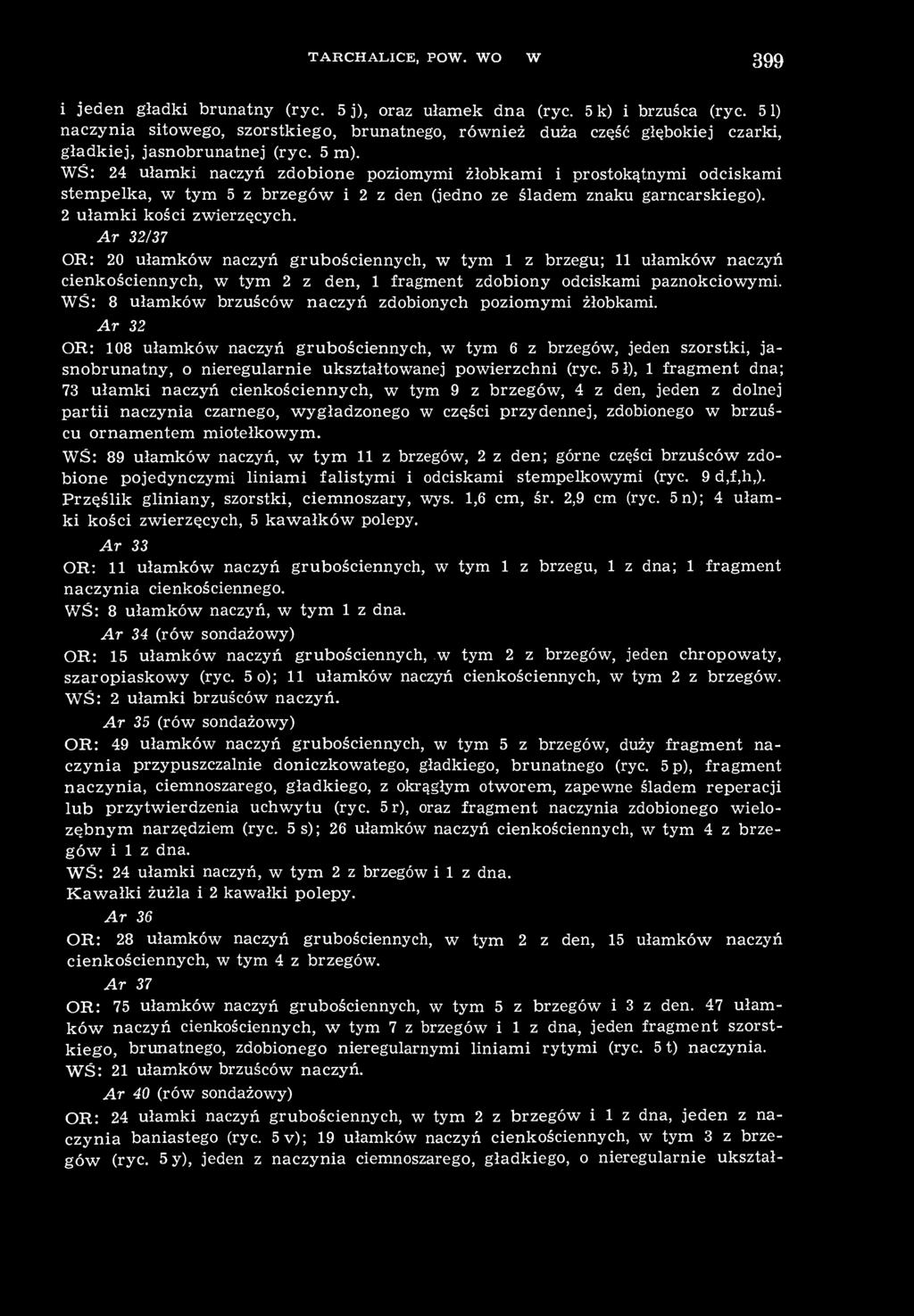 WŚ: 24 ułamki naczyń zdobione poziomymi żłobkami i prostokątnymi odciskami stempelka, w tym 5 z brzegów i 2 z den (jedno ze śladem znaku garncarskiego). 2 ułamki kości zwierzęcych.