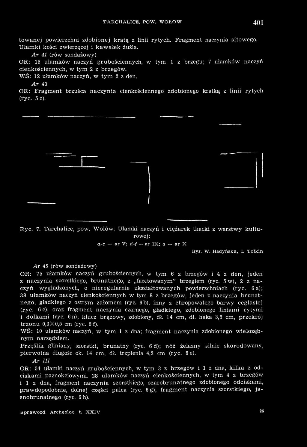 Ar 43 OR: Fragment brzuśca naczynia cienkościennego zdobionego kratką z linii rytych (ryc. 5 z). Ryc. 7. Tarchalice, pow. Wołów.