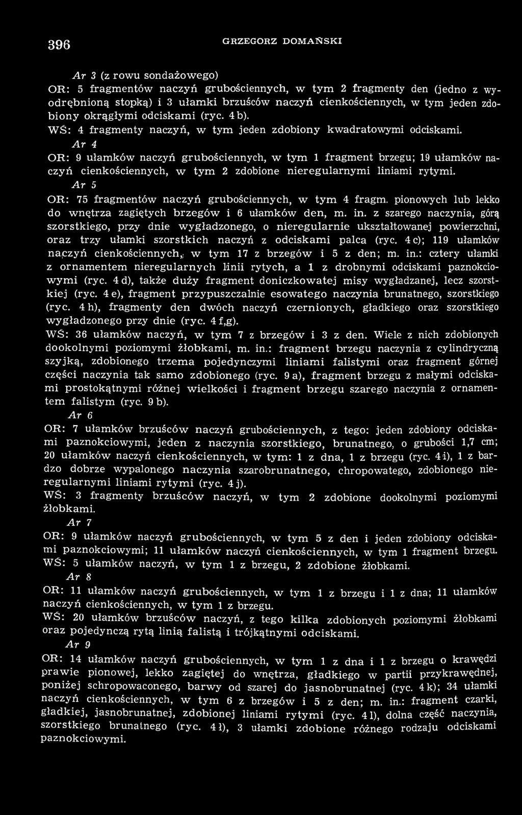 396 GRZEGORZ DOMAŃSKI Ar 3 (z rowu sondażowego) OR: 5 fragmentów naczyń grubościennych, w tym 2 fragmenty den (jedno z wyodrębnioną stopką) i 3 ułamki brzuśców naczyń cienkościennych, w tym jeden