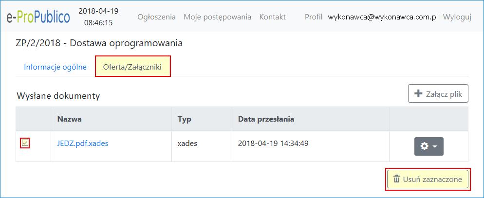 Oferta/Załączniki pozycję do usunięcia i klikając w przycisk Usuń zaznaczone: UWAGA Wykonawca może wycofać/usunąć dokument