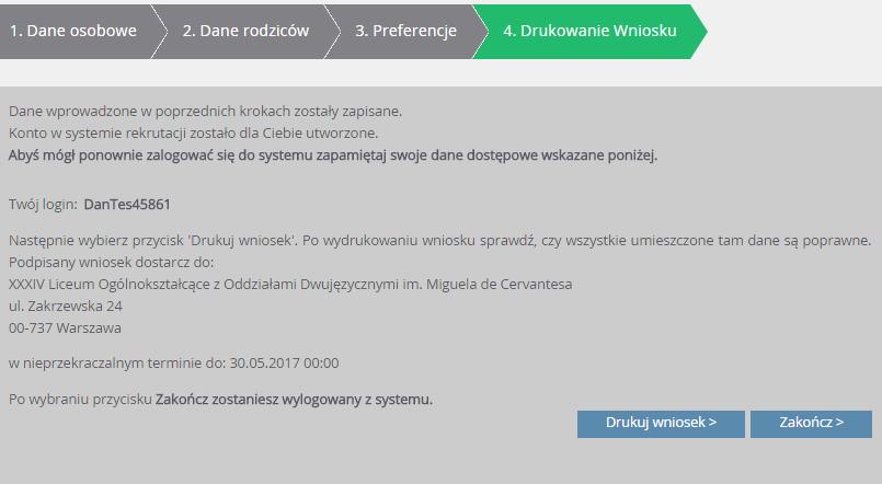 Przed zapisaniem danych należy zapoznać się z oświadczeniami dotyczącymi danych osobowych i treści wniosku, następnie wypełniony wniosek należy zapisać za pomocą przycisku Zapisz.