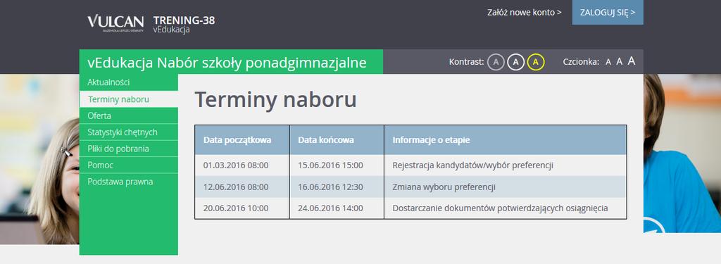 Kolejna pozycja Terminy naboru zawiera harmonogram poszczególnych etapów postępowania rekrutacyjnego z datami obowiązującymi kandydatów.