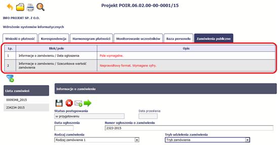 Jeżeli informacja będzie zawierała nieprawidłowe dane, system w specjalnym bloku Wynik