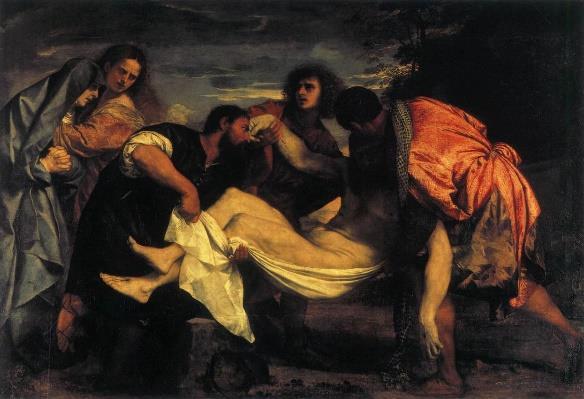 Złożenie do grobu, 1523-26, Luwr Święty Jan, który jest z tyłu, podnosi ciało pod ramiona, a dwóch innych uczniów znajduje się po bokach i podtrzymuje resztę.