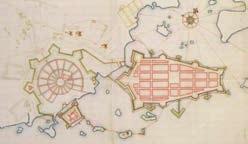 Ryc. 186. Kalmar projekt odbudowy Kalmaru z XVII w. z radialną fortecą i czworobocznym zamkiem na wyspie. Ryc. 187. Współczesny plan miasta Kalmar.