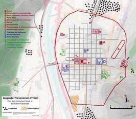 Ryc. 26. Schemat planu rzymskiego castrum Augusta Trevorum (Trier czyli Trewir w Niemczech) z nałożeniem planu rzymskiej metropolii na współczesny plan miasta.