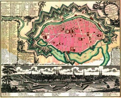 Ryc. 39. Plan i widok miasta hanzeatyckiego Lubeka, opracowany przez Seuttera, 1740 r. założyć nowe miasto.