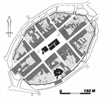 Ryc. 62. Paczków. Schemat miasta średniowiecznego z owalnym zarysem murów obronnych zachowanym do dziś. Schemat planu wg J. Cydzika.