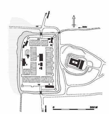 Plan miasta średniowiecznego nad Mławą, jako organizmu oddzielonego fosą i fortyfikacjami od zamku krzyżackiego.