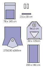 (torba na płyny trójkątna o wymiarach 105x90cm) i z 2 elastycznymi otworami o średnicy 5cm + filtr i port do odsysania 1 serweta na stół do instrumentarium 150 x 190 cm (wzmocnienie serwety 75x190cm)