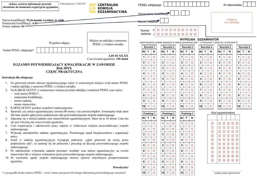 5. Pierwsza strona arkusza do części praktycznej egzaminu i karta oceny z