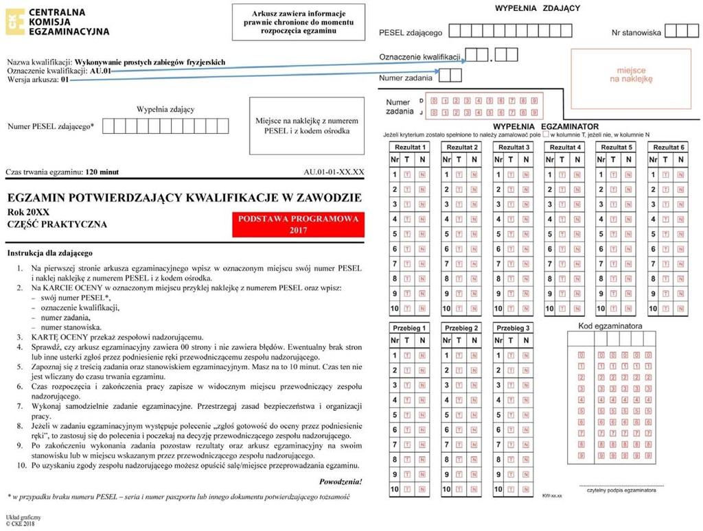 7. Pierwsza strona arkusza do części praktycznej egzaminu i karta oceny dla zdających