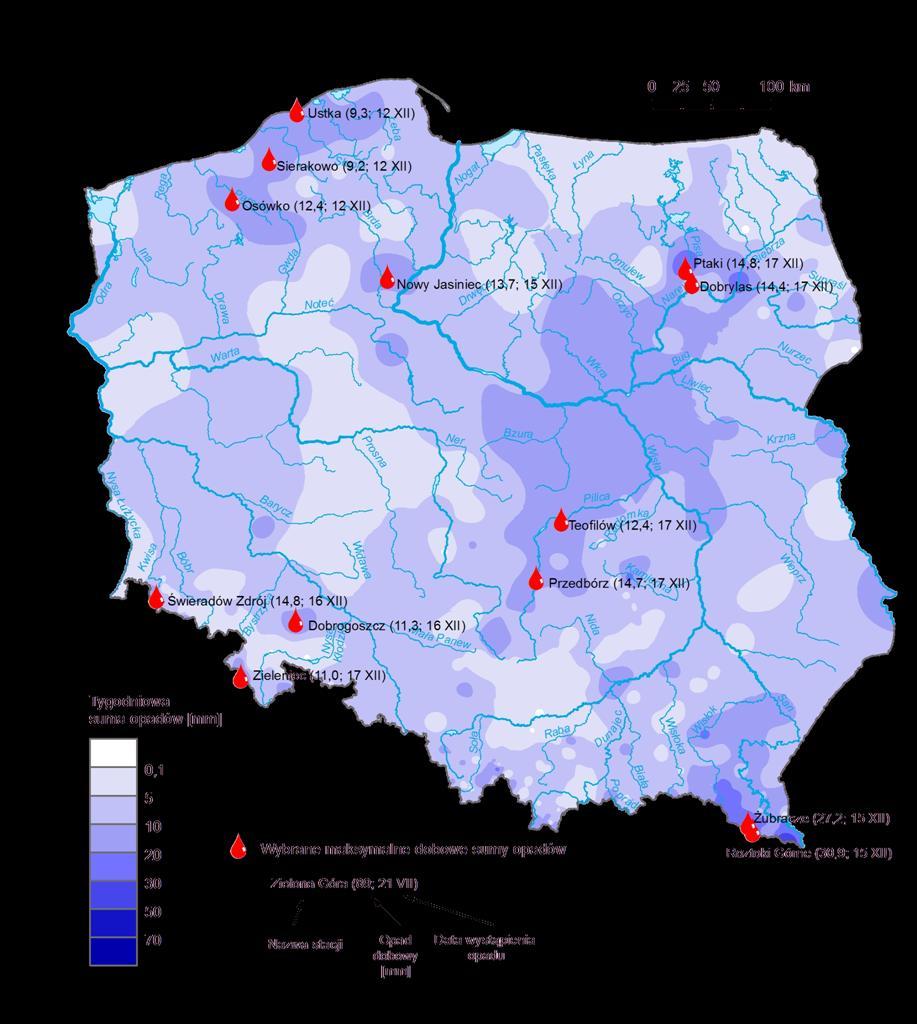 3. Rozkład tygodniowej sumy opadów oraz wybrane