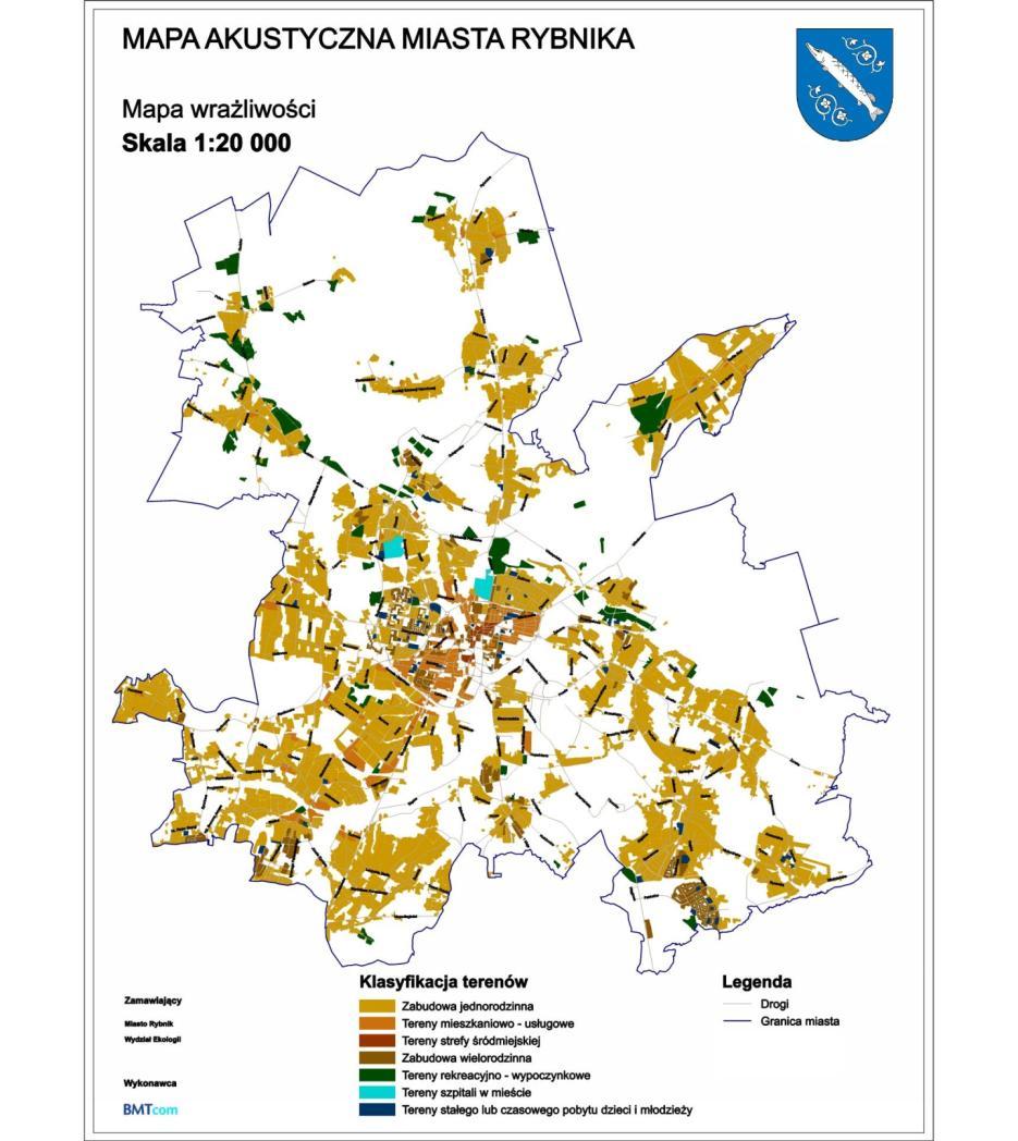 hałasu przeprowadzone zostało przy ścisłej współpracy z pracownikami Urzędu Miasta Rybnika. Na rysunku 5 przedstawiona została mapa opracowana dla potrzeb mapy akustycznej 2017.