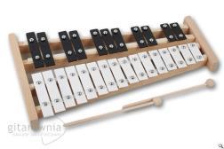 24-25 cm, szerokość blaszki ok. 2 cm. Dzwonki chromatyczne dwurzędowe 2-tonowe - dwie pełne oktawy z półtonami. Strojone elektronicznie.