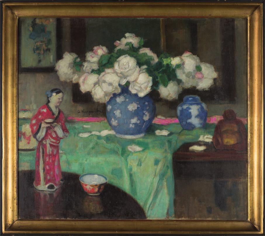 20. Alfons KARPIńSKI (1875-1961) BIAłe róże Z JAPOńSKą FIGurKą Olej, płótno, 79 x 88 cm, sygn. l. śr.: A. Karpiński. 33.