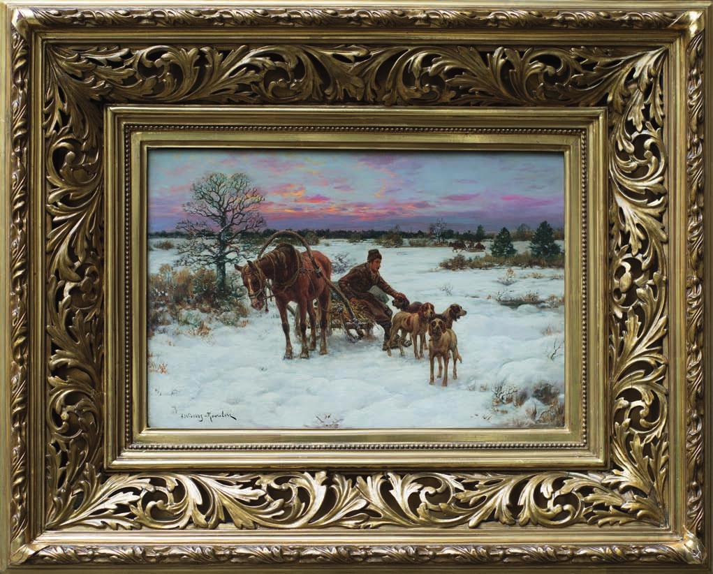 41. Alfred WIERuSZ KOWAlSKI (1849-1915) ZAPrZęG ZIMOWy Olej, deska, 25 x 38 cm, sygn. l.d.: A.Wierusz-Kowalski. W załączeniu opinie: pani Haliny Stępień oraz pani Jadwigi Oczko-Kozłowskiej. 130.