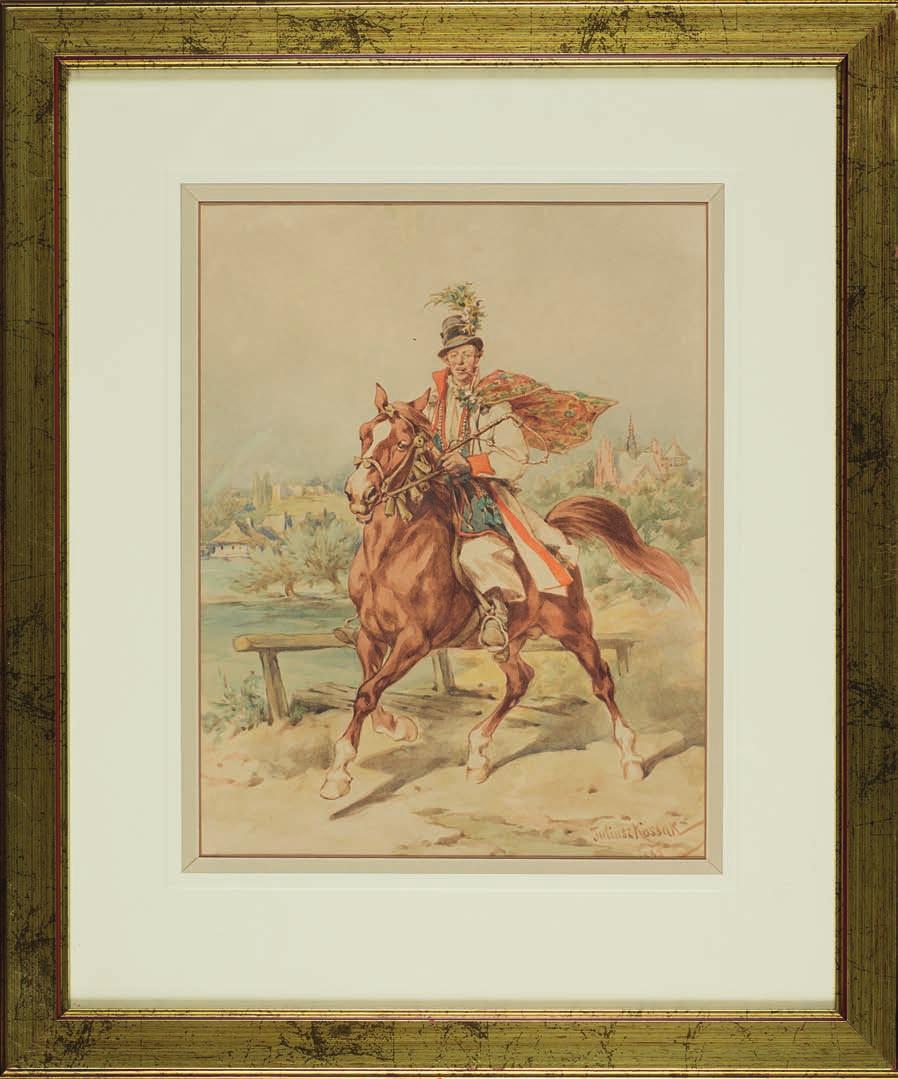 43. juliusz KOSSAK (1824-1899) DrużBA KRAKOWSKI na KOnIu Akwarela, papier, 31,5 x 24 cm, sygn. p.d.: Juliusz Kossak 1890. Po konserwacji. 32.000,- Był ojcem Wojciecha Kossaka.