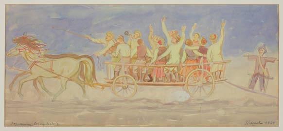 52. Franciszek FRącZEK (1908-2006) POPRAWIny LASOWIACKIe Akwarela, papier, 26 x 57,5 cm, sygn. p.d.: Frączek 1964, l.d.: Poprawiny lasowiackie. 2.300,- Malarz, grafik, etnograf.