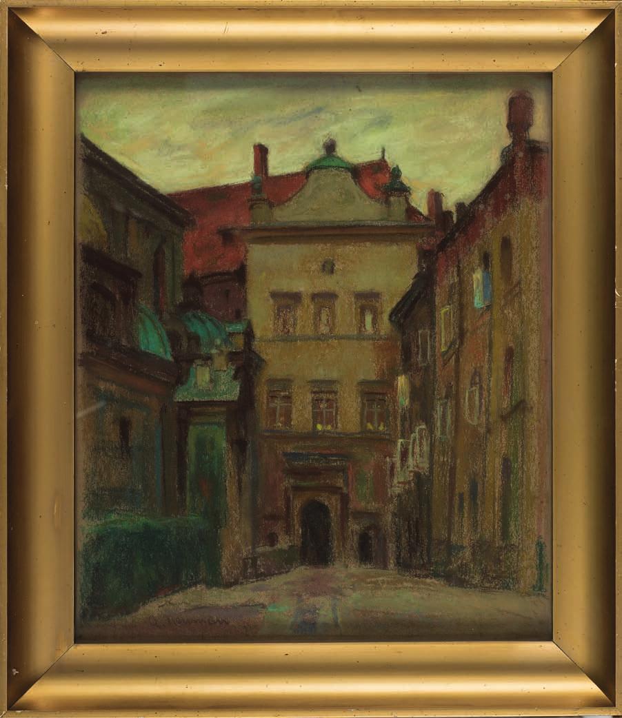 55. Abraham neumann (1873-1942) MIASTO Pastel, technika mieszana, tektura, 52,5 x 34 cm, sygn. l.d.: A. neumann. 7.