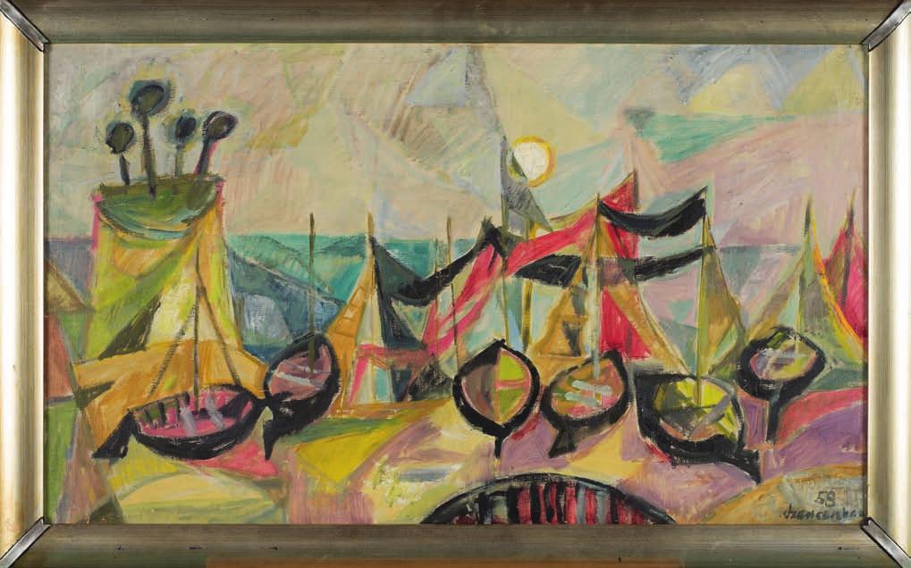 63. jan SZAncEnBAch (1928-1998) łodzie na BrZeGu II Olej, płótno, 52 x 88 cm, sygn. p.d.: 58 Szancenbach, opis autorski na odwrocie: łodzie na Brzegu, mal Jan Szancenbach 1958.