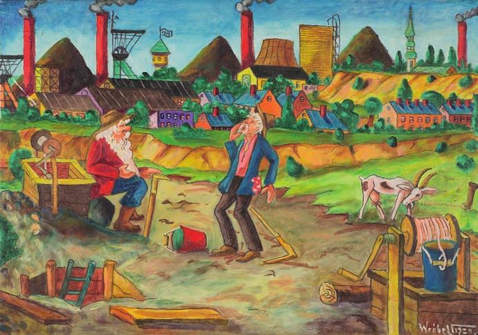 77. Paweł WRóBEl (1913-1984) PrZy PRACy Akryl, płótno, 50 x 70 cm, sygn. p.d.: Wróbel 19 7.000,- Górnik, jeden z najaktywniejszych członków koła plastyków amatorów przy ZDK kopalni Wieczorek".
