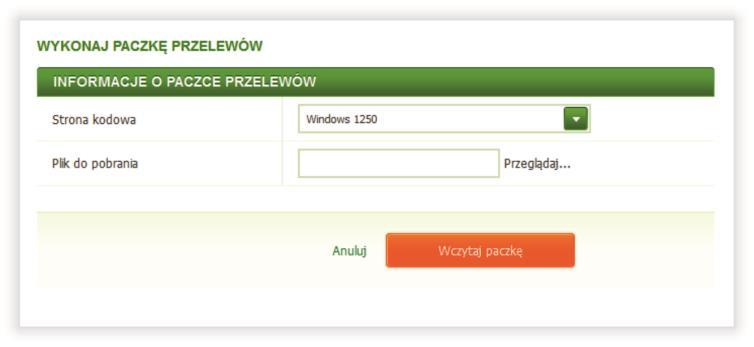 5.8.5 PACZKA PRZELEWÓW Opcja Paczka przelewów umożliwia wczytywanie paczki przelewów (plik z rozszerzeniem *.pli), wygenerowanej za pomocą programu zewnętrznego (np.