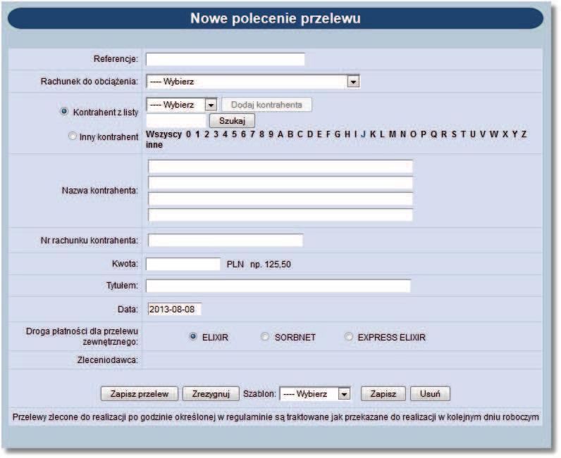 9.16. Nowy przelew zagraniczny W zależności od wartości usługi PRZELEWY_ZAGRANICZNE użytkownik ma możliwość zdefiniowania nowego przelewu