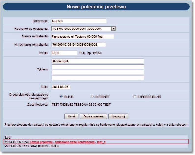 9.24. Podgląd logu zlecenia w szczegółach przelewu lub podczas akceptacji W przypadku, gdy włączona jest usługa AUTORYZACJA_KONTRAHENTOW_I_SZABLONOW dla przelewu, dla którego zmienione zostały dane