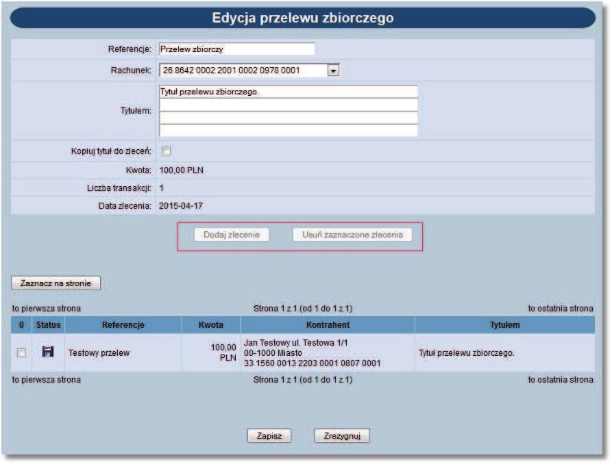 5) Na formatce edycji pozycji przelewu zbiorczego:! brak jest możliwości edycji NRB adresata!