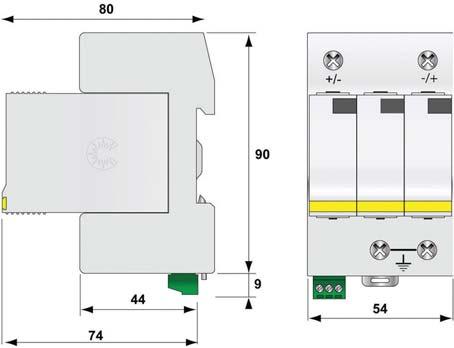 Ogranicznik przepięć typ 1+2 DS50PV1500/10KT1 I imp 5kA Ogranicznik przepięć typ 1+2 do fotowoltaiki Prąd impulsowy Iimp/Itotal: 5/10kA @ 10/350 µs Napięcie Uocstc=50V D Mechaniczny wskaźnik