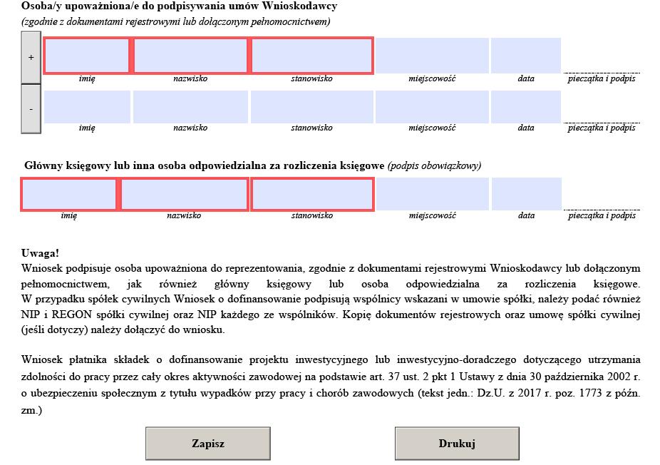 naciśnij + aby dodać kolejną pozycję Po wypełnieniu Wniosku należy go zapisać na swoim komputerze.