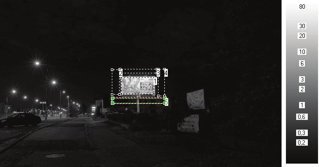 powierzchni wizualnej nośnika reklamowego, pomiaru barwy i obliczenia wartości parametrów oświetleniowych. Pomiar wykonano w porze nocnej dla nośnika zlokalizowanego w m. st. Warszawa (rys. 5).